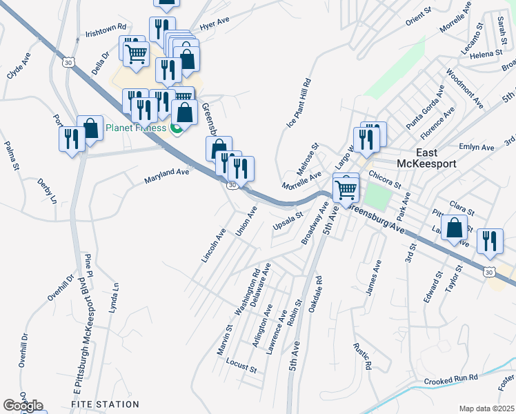 map of restaurants, bars, coffee shops, grocery stores, and more near 1340 Lincoln Highway in North Versailles