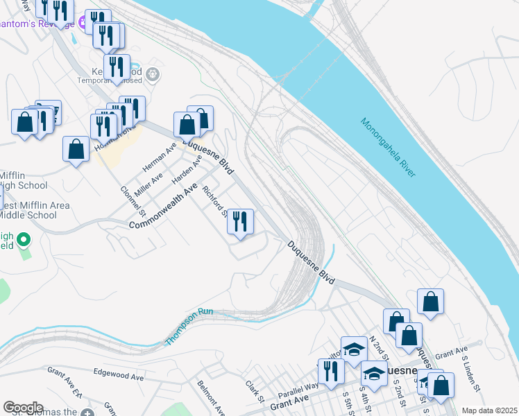 map of restaurants, bars, coffee shops, grocery stores, and more near 708 Duquesne Boulevard in Duquesne