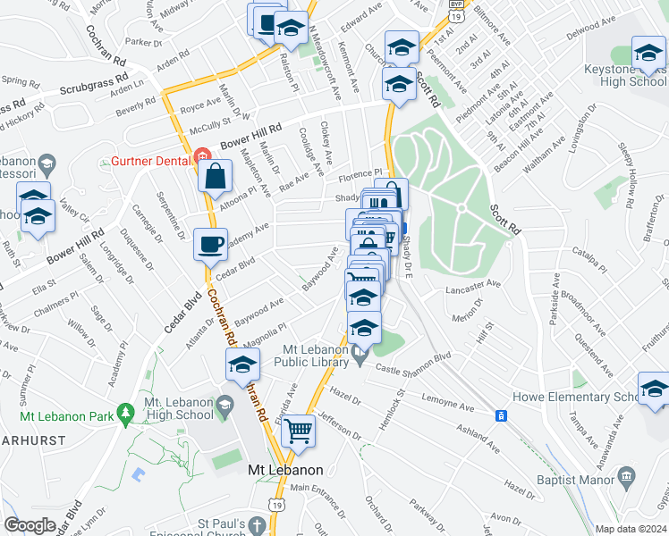 map of restaurants, bars, coffee shops, grocery stores, and more near 113 Baywood Avenue in Pittsburgh