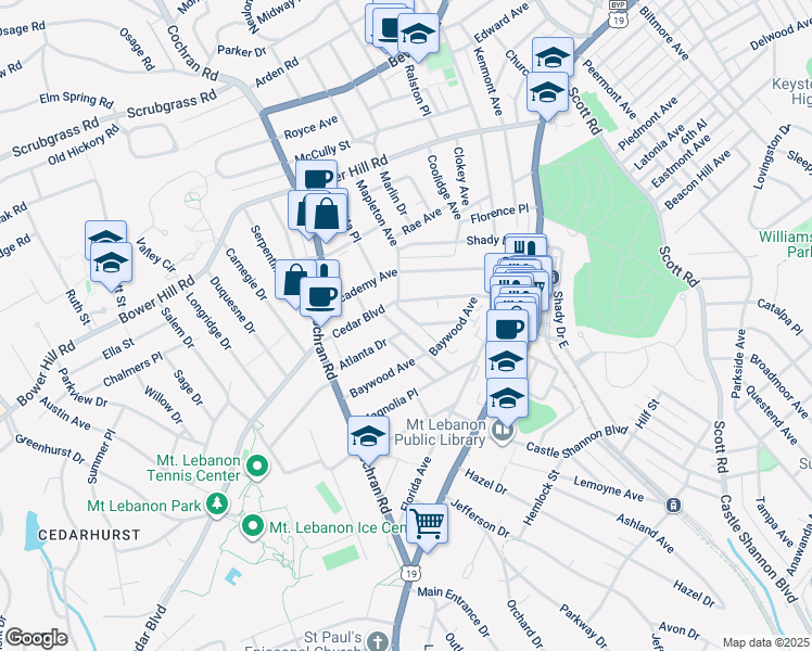 map of restaurants, bars, coffee shops, grocery stores, and more near 137 Cedar Boulevard in Pittsburgh