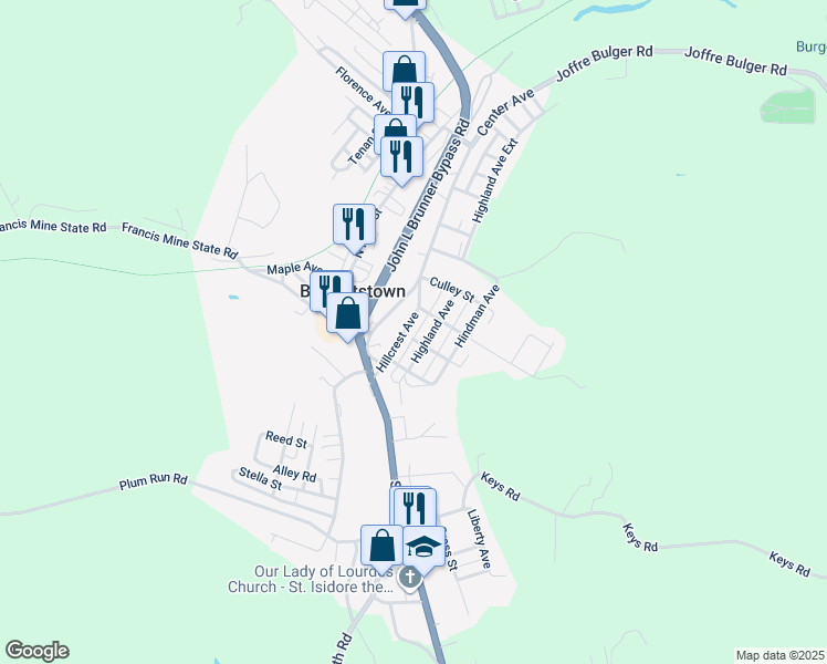 map of restaurants, bars, coffee shops, grocery stores, and more near 43 Center Avenue in Burgettstown