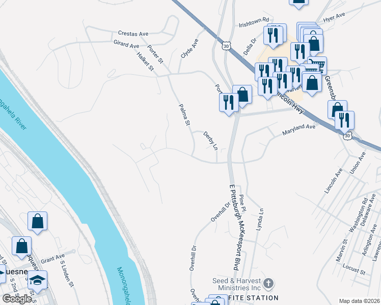 map of restaurants, bars, coffee shops, grocery stores, and more near 319 Palma Street in North Versailles