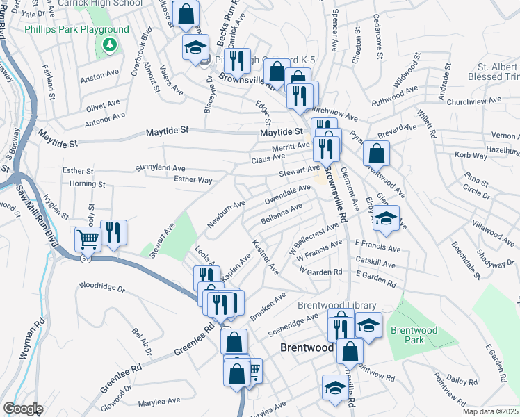 map of restaurants, bars, coffee shops, grocery stores, and more near 119 Owendale Avenue in Pittsburgh