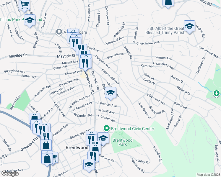 map of restaurants, bars, coffee shops, grocery stores, and more near 3108 Glendale Avenue in Brentwood