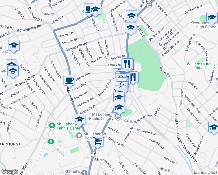 map of restaurants, bars, coffee shops, grocery stores, and more near 125 Baywood Avenue in Pittsburgh