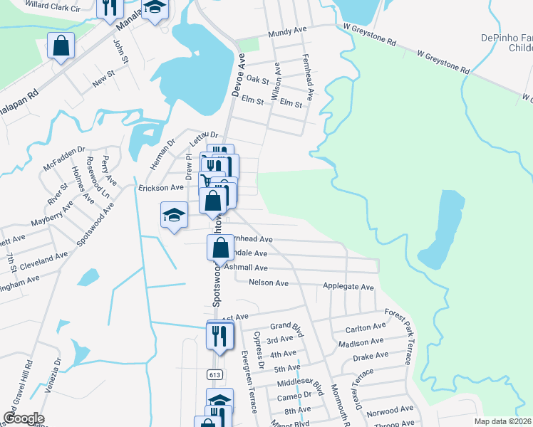 map of restaurants, bars, coffee shops, grocery stores, and more near 36 Park Avenue in Monroe Township