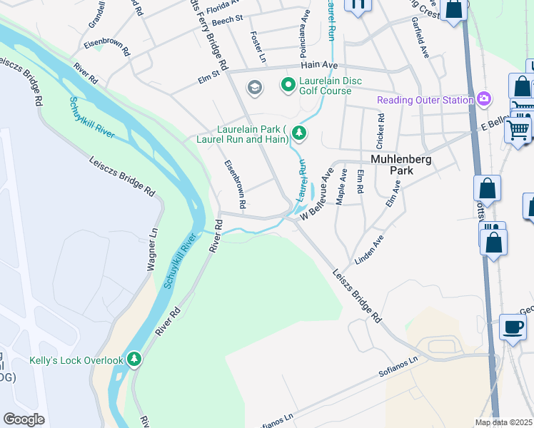map of restaurants, bars, coffee shops, grocery stores, and more near 823 Leiszs Bridge Road in Reading