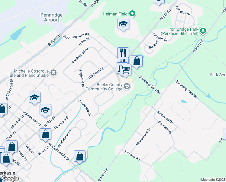 map of restaurants, bars, coffee shops, grocery stores, and more near 40 Hillendale Road in Perkasie