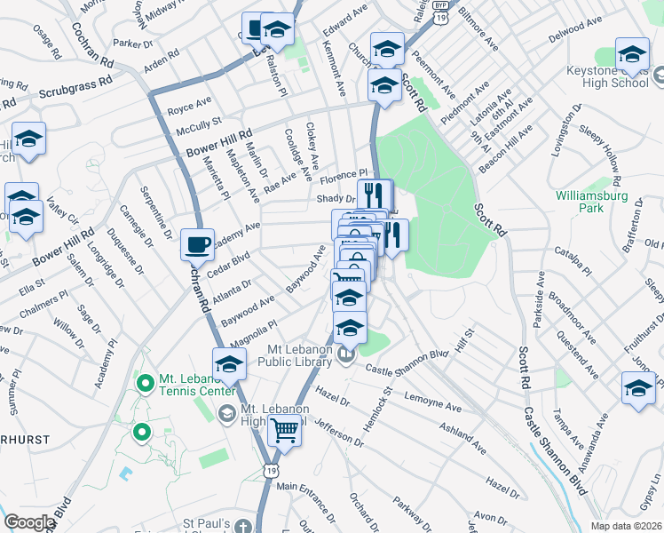 map of restaurants, bars, coffee shops, grocery stores, and more near 31 Cedar Boulevard in Pittsburgh