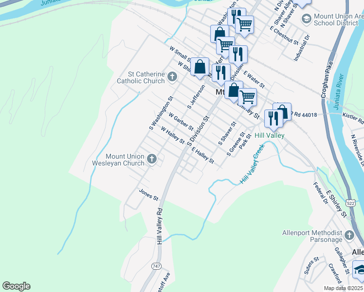 map of restaurants, bars, coffee shops, grocery stores, and more near Gayton Street in Mount Union