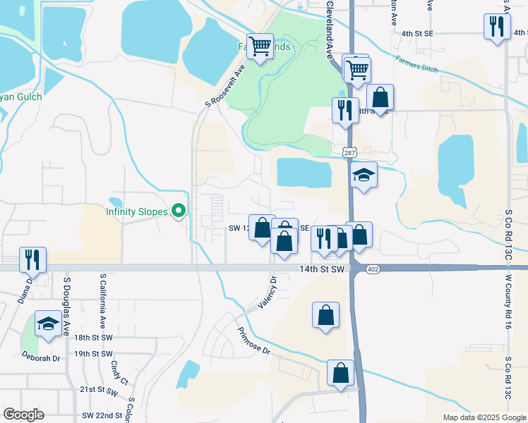 map of restaurants, bars, coffee shops, grocery stores, and more near 1115 South Garfield Avenue in Loveland