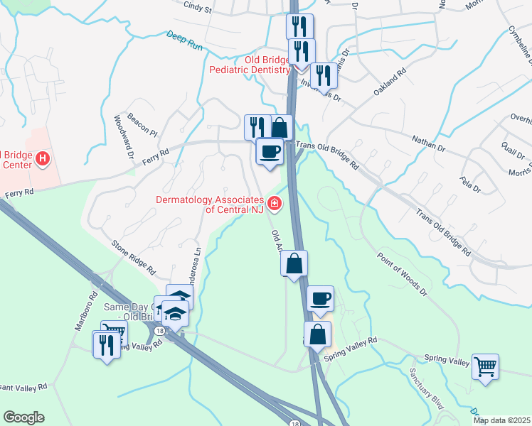 map of restaurants, bars, coffee shops, grocery stores, and more near 28 La Valencia Road in Old Bridge