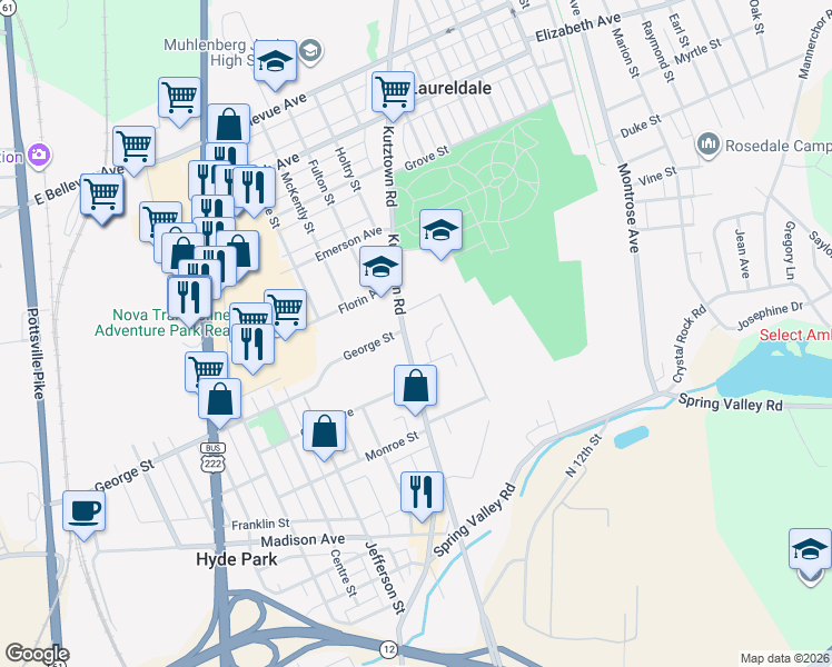 map of restaurants, bars, coffee shops, grocery stores, and more near 3033 Kutztown Road in Reading