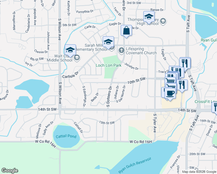 map of restaurants, bars, coffee shops, grocery stores, and more near 1956 10th Street Southwest in Loveland