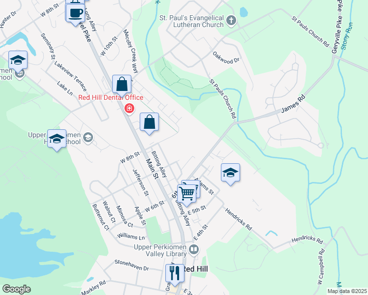 map of restaurants, bars, coffee shops, grocery stores, and more near 550 Singer Way in Red Hill