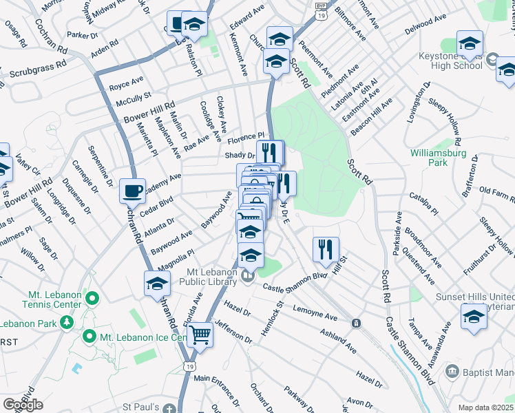 map of restaurants, bars, coffee shops, grocery stores, and more near 650 Washington Road in Mount Lebanon