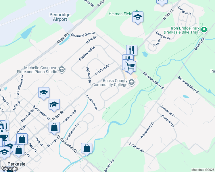 map of restaurants, bars, coffee shops, grocery stores, and more near 40 Hillendale Road in Perkasie