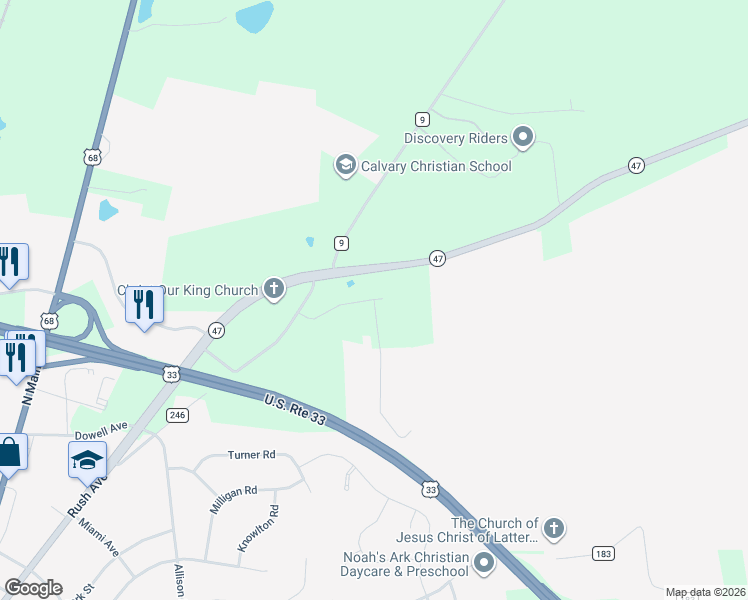 map of restaurants, bars, coffee shops, grocery stores, and more near 667 Arlington Road in Bellefontaine