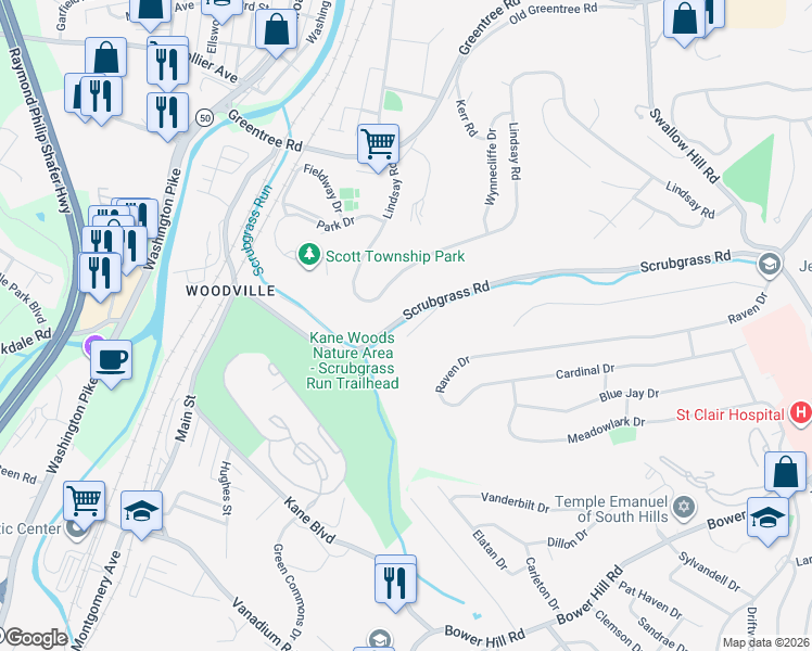 map of restaurants, bars, coffee shops, grocery stores, and more near 1331 Scrubgrass Road in Carnegie