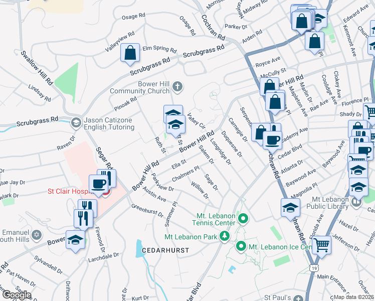 map of restaurants, bars, coffee shops, grocery stores, and more near 792 Bower Hill Road in Pittsburgh
