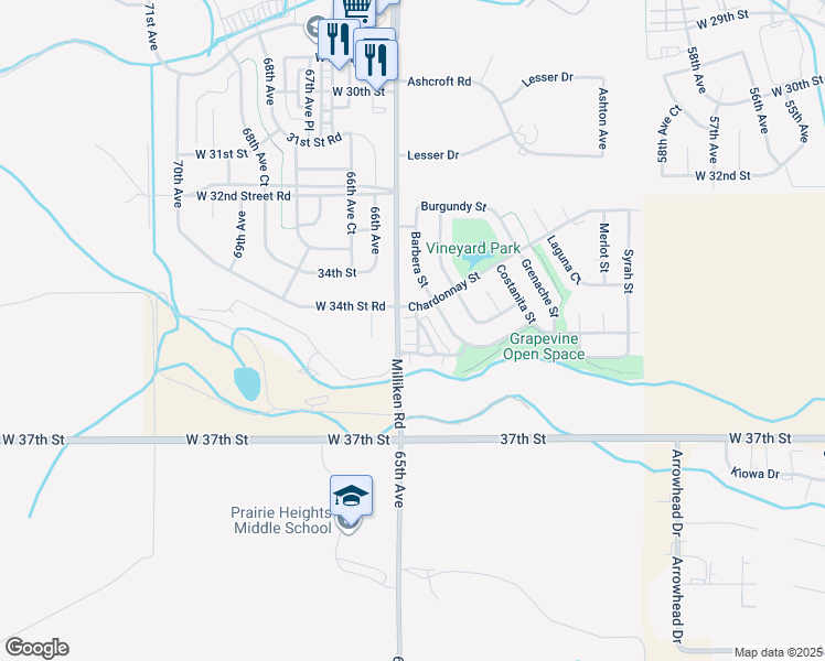 map of restaurants, bars, coffee shops, grocery stores, and more near 6455 Chardonnay Street in Evans