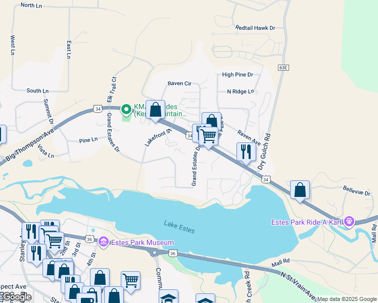 map of restaurants, bars, coffee shops, grocery stores, and more near 506 Grand Estates Drive in Estes Park