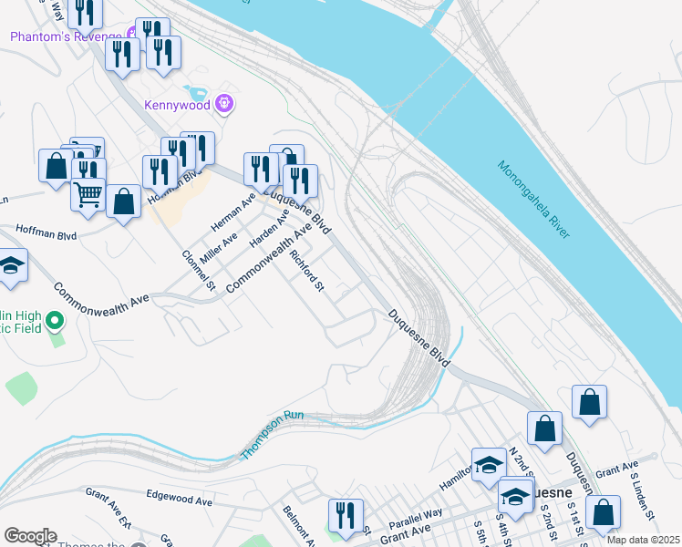 map of restaurants, bars, coffee shops, grocery stores, and more near 719 Duquesne Boulevard in Duquesne