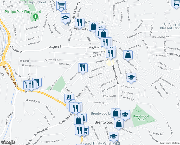 map of restaurants, bars, coffee shops, grocery stores, and more near 120 Owendale Avenue in Pittsburgh