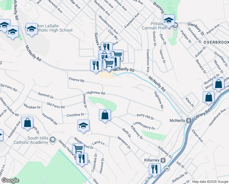 map of restaurants, bars, coffee shops, grocery stores, and more near 718 Rose Lane in Pittsburgh
