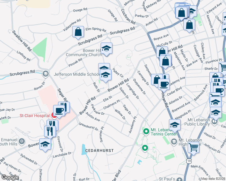 map of restaurants, bars, coffee shops, grocery stores, and more near 792 Bower Hill Road in Pittsburgh