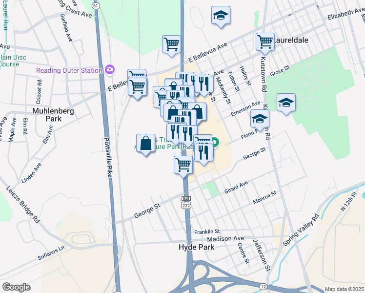 map of restaurants, bars, coffee shops, grocery stores, and more near 3215 U.S. 222 Business in Reading
