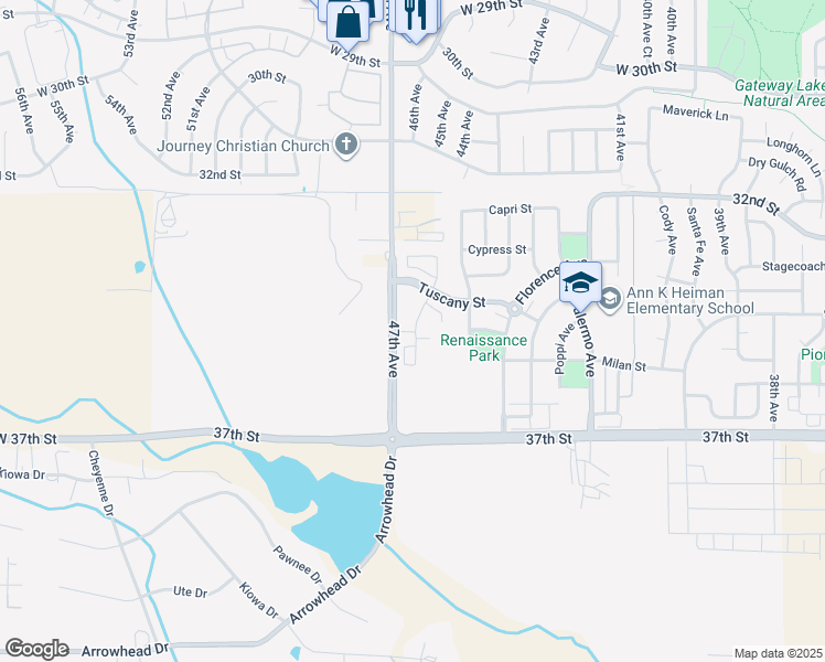 map of restaurants, bars, coffee shops, grocery stores, and more near 4670 Tuscany Street in Evans