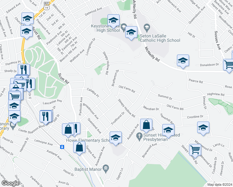 map of restaurants, bars, coffee shops, grocery stores, and more near 784 Highvue Road in Pittsburgh