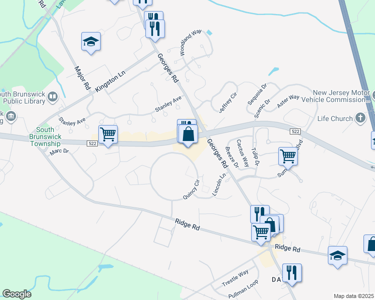 map of restaurants, bars, coffee shops, grocery stores, and more near 485 Georges Road in South Brunswick Township