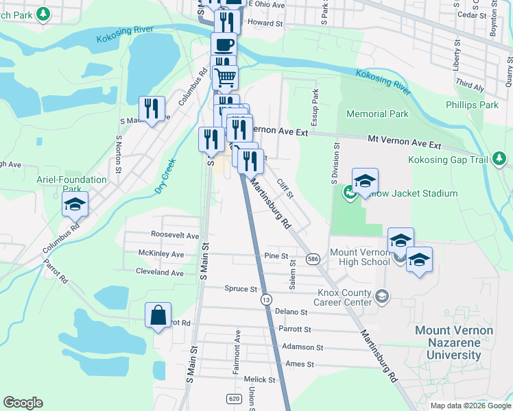 map of restaurants, bars, coffee shops, grocery stores, and more near 23 Martinsburg Road in Mount Vernon
