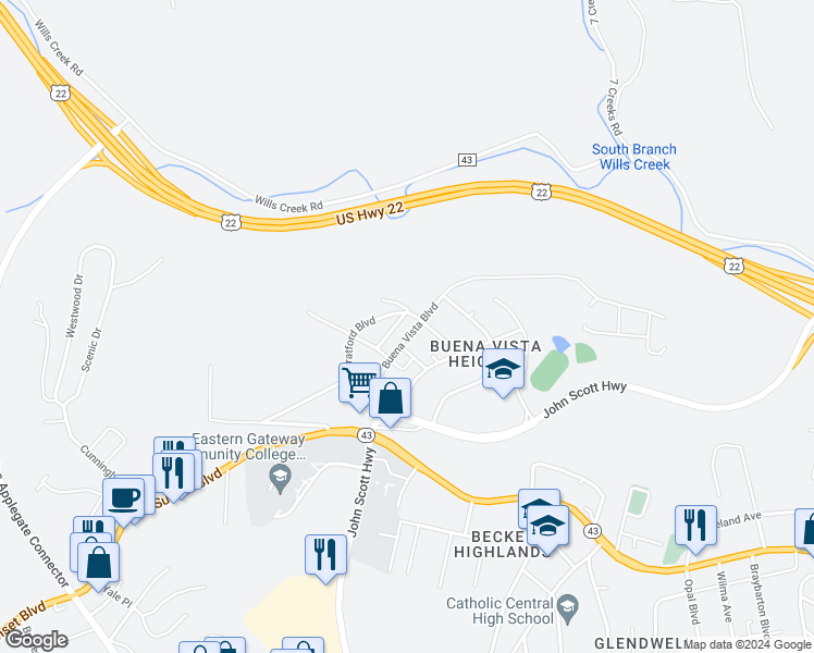 map of restaurants, bars, coffee shops, grocery stores, and more near 423 Buena Vista Boulevard in Steubenville