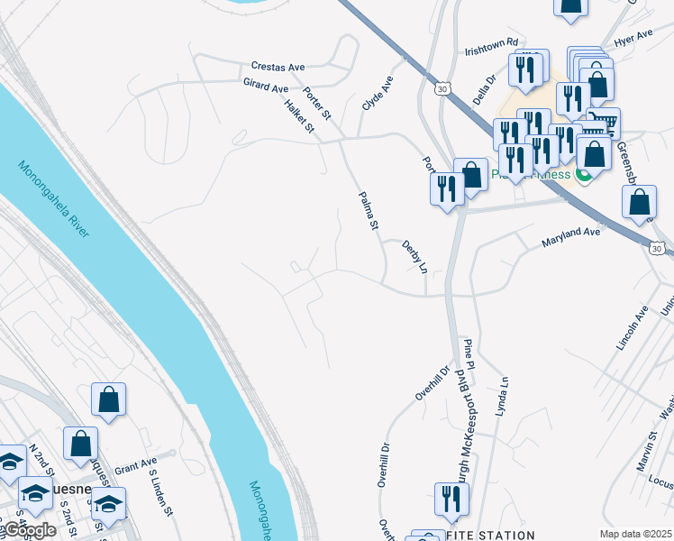 map of restaurants, bars, coffee shops, grocery stores, and more near 107 Rolling Woods Drive in North Versailles