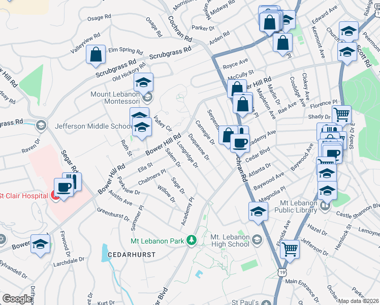 map of restaurants, bars, coffee shops, grocery stores, and more near 437 Longridge Drive in Pittsburgh