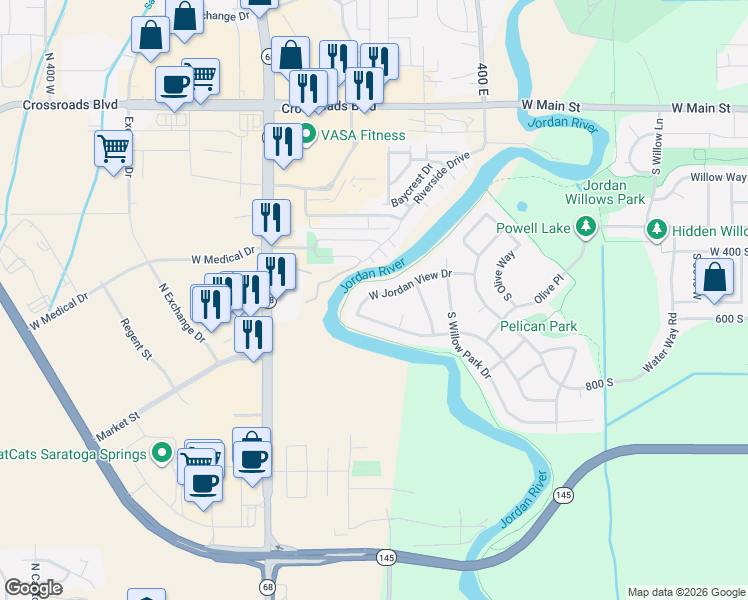 map of restaurants, bars, coffee shops, grocery stores, and more near 3957 West Jordan View Drive in Lehi