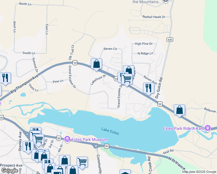 map of restaurants, bars, coffee shops, grocery stores, and more near 1450 U.S. 34 in Estes Park