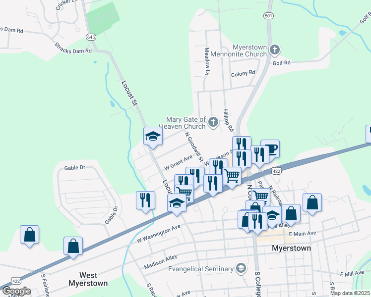 map of restaurants, bars, coffee shops, grocery stores, and more near 207 West Franklin Avenue in Myerstown