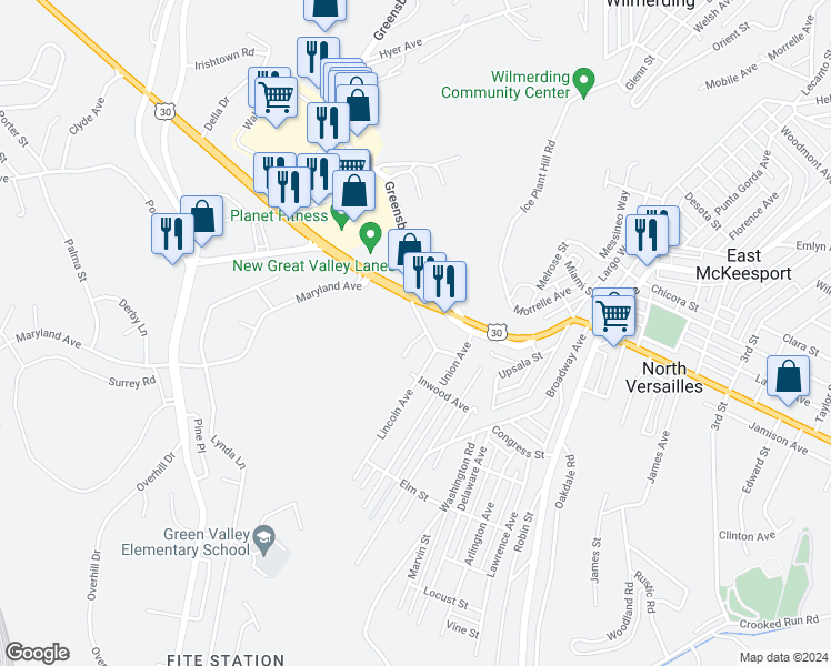 map of restaurants, bars, coffee shops, grocery stores, and more near 1205 Highwood Road in North Versailles