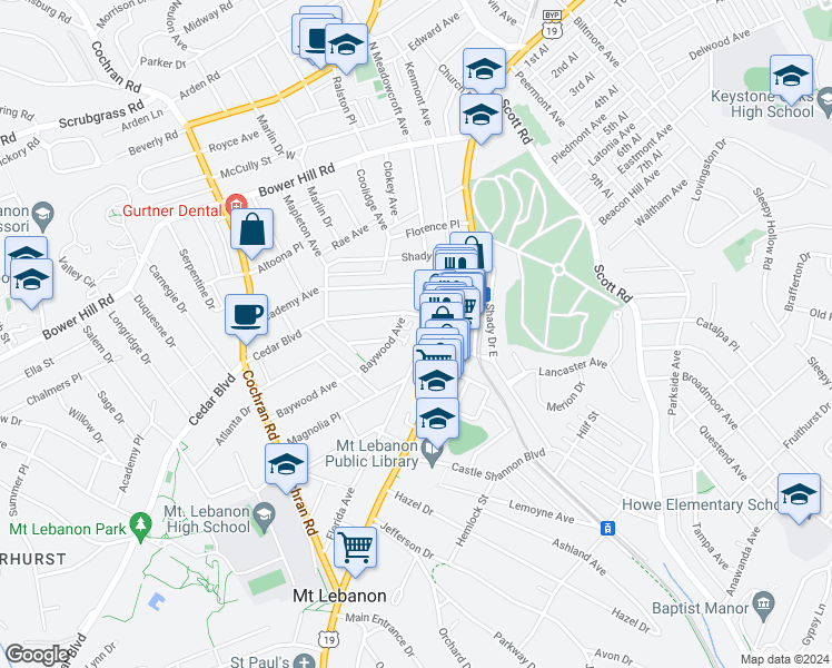 map of restaurants, bars, coffee shops, grocery stores, and more near 113 Baywood Avenue in Pittsburgh