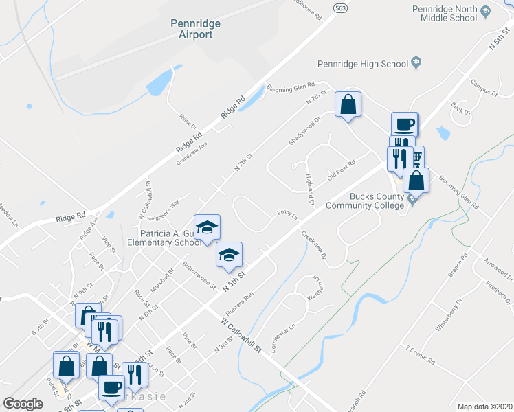 map of restaurants, bars, coffee shops, grocery stores, and more near 548 Penny Lane in Perkasie