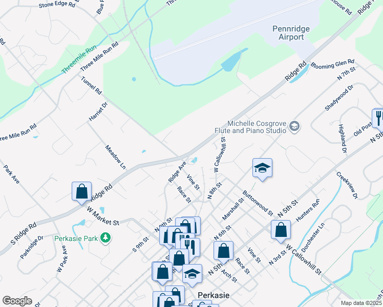 map of restaurants, bars, coffee shops, grocery stores, and more near 253 Ridge Road in Perkasie