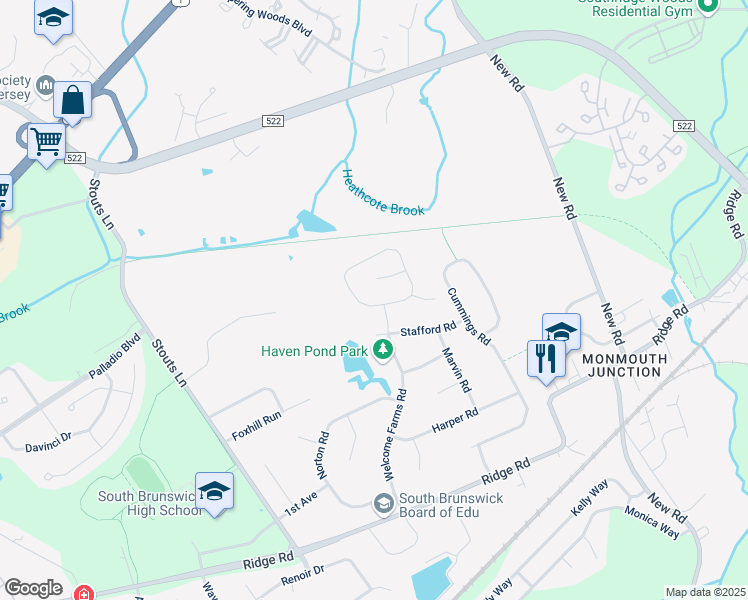 map of restaurants, bars, coffee shops, grocery stores, and more near 4 Junction Pond Lane in South Brunswick Township