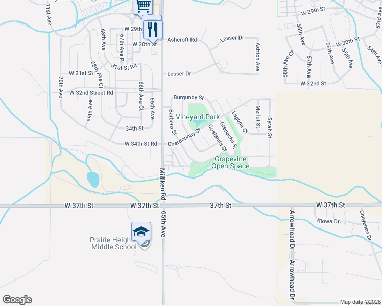 map of restaurants, bars, coffee shops, grocery stores, and more near 3316 Barbera Street in Evans