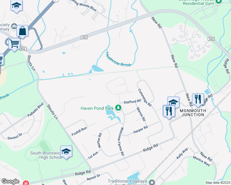 map of restaurants, bars, coffee shops, grocery stores, and more near 4 Junction Pond Lane in South Brunswick Township