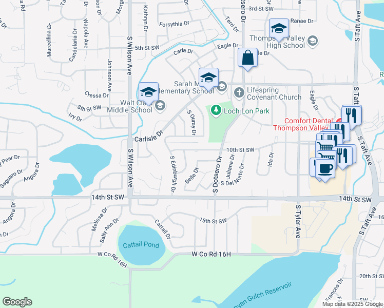 map of restaurants, bars, coffee shops, grocery stores, and more near 2453 10th Street Southwest in Loveland