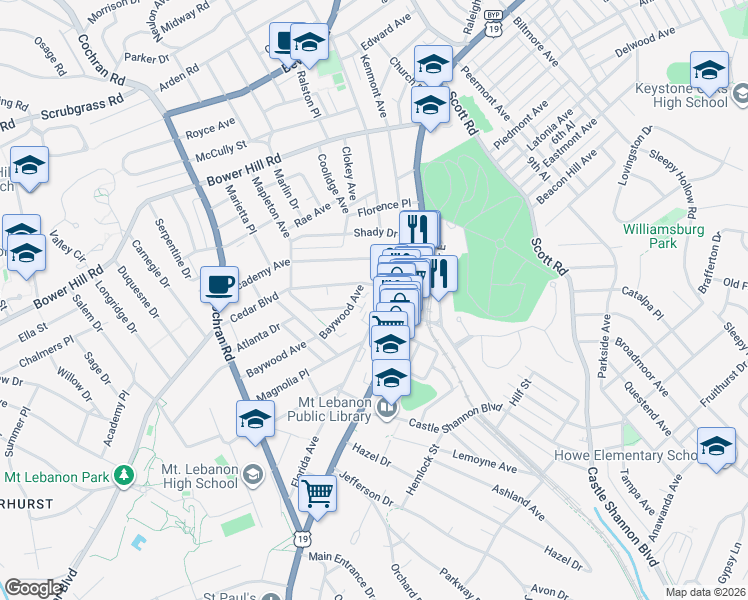 map of restaurants, bars, coffee shops, grocery stores, and more near 31 Cedar Boulevard in Pittsburgh